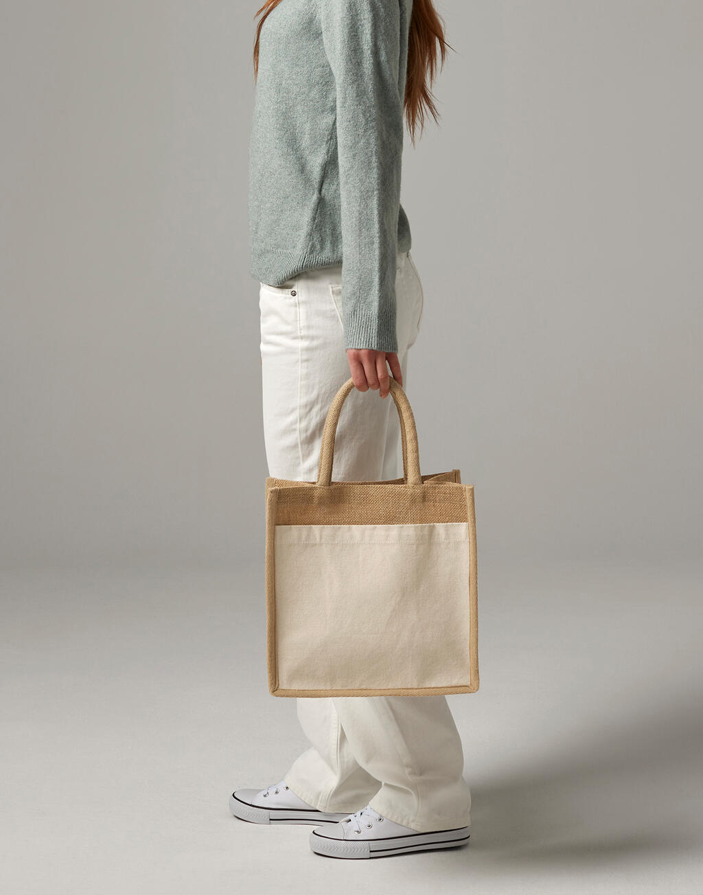 Cotton Pocket Natural Starched Jute Midi Tote - Image 2